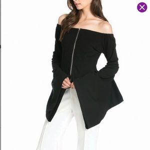 Tov Unique Boho Bell Sleeve Off Shoulder Zip Up Top